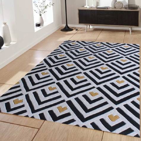 Handcrafted Black and White Carpet with Gold Geometric Design Manufacturers, Suppliers, Exporters in Singapore